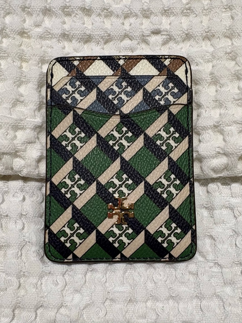 Tory Burch Green Navy Cream Patterned Card Sleeve with Gold Logo